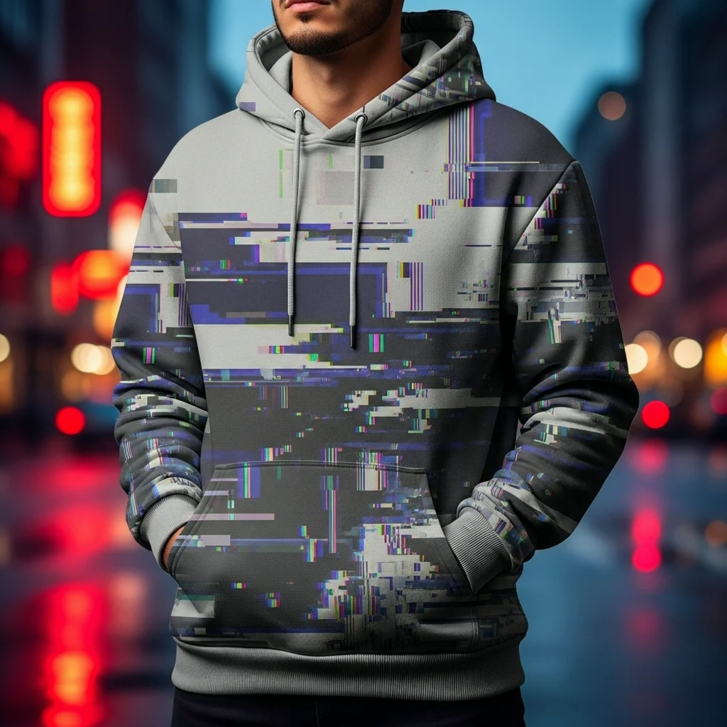 Szara bluza Siatka Glitch z abstrakcyjnym cyfrowym wzorem